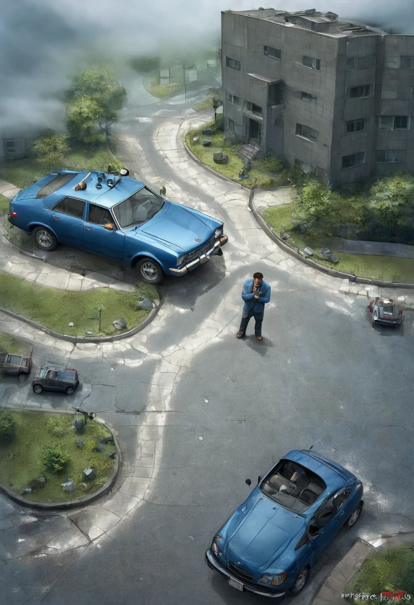 Imagine a modern urban scene, with a cloudy sky and tall buildings in the background. In the center of the image, a metallic blue car is parked by the side of the road with its hood open, indicating a breakdown. Beside the car, a casually dressed young man is on the phone with a worried expression, waiting for assistance. In the background, a tow truck is approaching swiftly.

The modern graphic elements around the car symbolize protection and security, featuring a translucent shield that represents insurance coverage. Along the edges of the image, small icons illustrate various insurance coverages such as 24-hour assistance, theft protection, and third-party damage coverage.