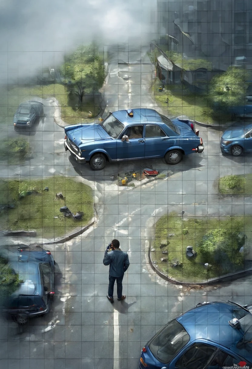 Imagine a modern urban scene, with a cloudy sky and tall buildings in the background. In the center of the image, a metallic blue car is parked by the side of the road with its hood open, indicating a breakdown. Beside the car, a casually dressed young man is on the phone with a worried expression, waiting for assistance. In the background, a tow truck is approaching swiftly.

The modern graphic elements around the car symbolize protection and security, featuring a translucent shield that represents insurance coverage. Along the edges of the image, small icons illustrate various insurance coverages such as 24-hour assistance, theft protection, and third-party damage coverage.