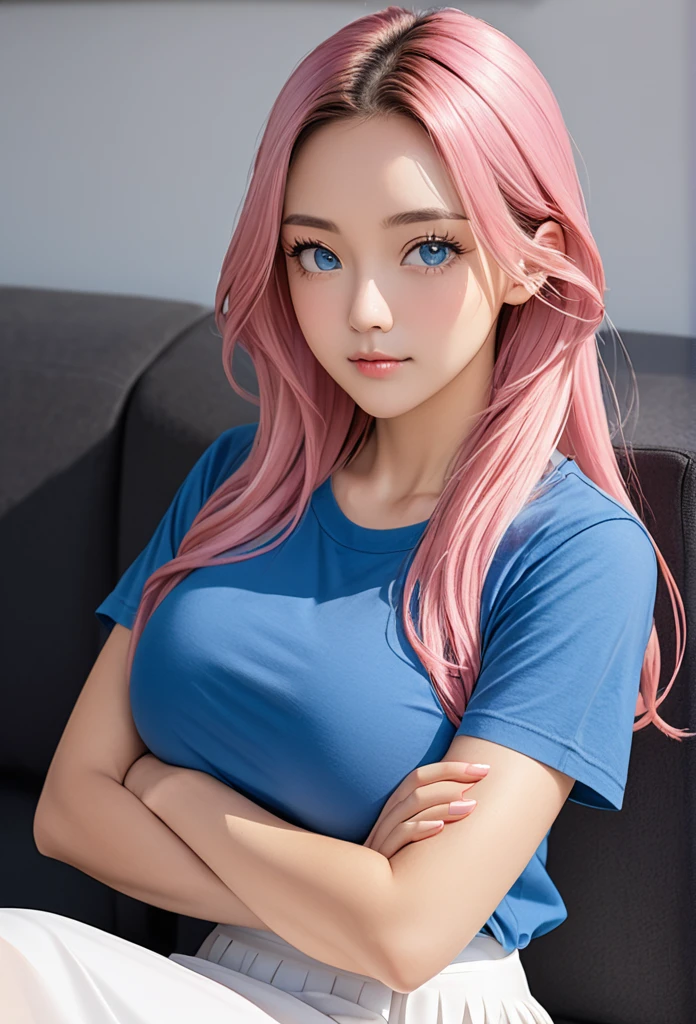 a cute girl, blue eyed, pink and long hair, breast, full body, Wearing a t-shirt, Watching TV, by style of onii kei, dreamy and romantic, light gray and light amber, jagged edges, light teal and light red, timeless beauty, 8k