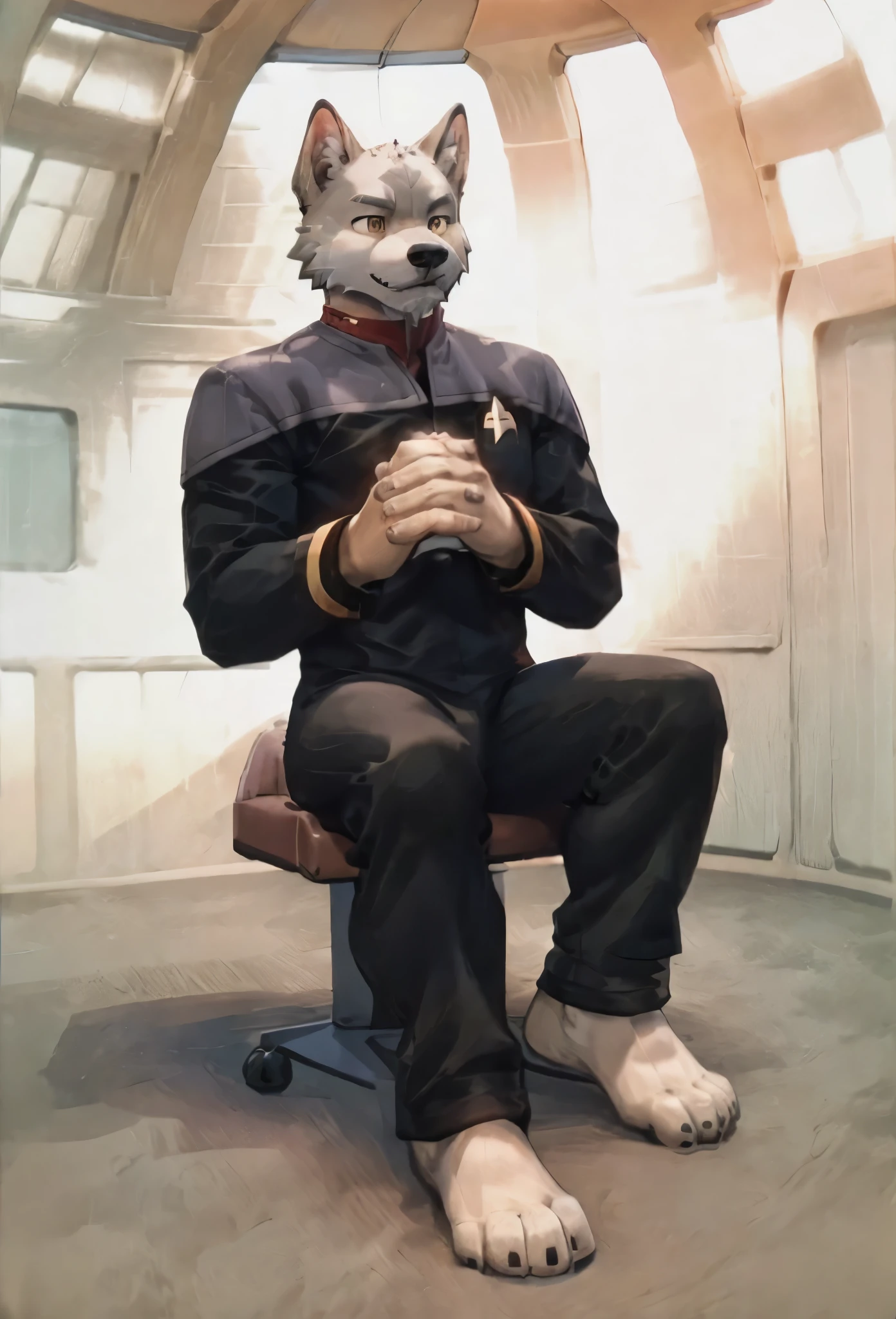 (((Barefoot furry character, full body, cinematic setting, furry male, plantigrade))) 

(((Bolt))) (anthro dog with white fur, very cute and young looking face, big black snout), exudes confidence and authority as he sits in the captain's chair, and his Star Trek DS9 uniform with the Starfleet Delta badge on his chest is a perfect match for his muscular figure. Handsome clawed feet paws dominate the bridge of the star ship and its crew. (((black and grey ds9st uniform with red collar))). ((Bridge of Star Trek starship with many screens and consoles as background)), futuristic look, metalic. anatomically correct, Long black pants, black shirt with gray shoulders, red collar.

BREAK, intricate details, highly detailed, extreme detail, octane render, fine art, best quality, highres, (detailed face:1.5), ((full_body)), UHD, (((perfect hands))), low light