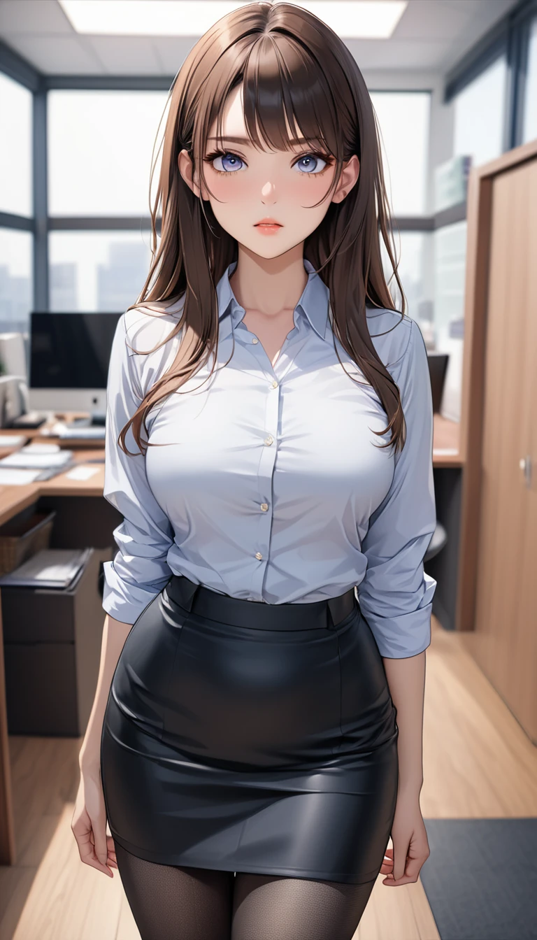 Top Quality, Masterpiece, 1 Girl, Beautiful Face, (Photorealistic Picture:1.3), Rim Lighting, (High Detail Skin:1.2), 8K UHD, DSLR, High Quality, High Resolution, 4K, 8K, Bokeh, Absurdity, Best Ratio Four Fingers and One Thumb, (Real:1.3), Small Face, Cute One Girl, Black Formal Blazer, Middle Breast, Short Skirt,Office