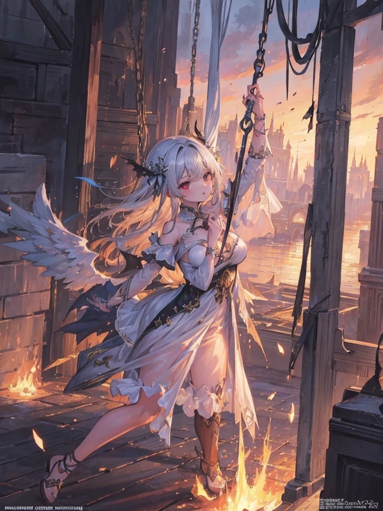 ((best quality)),(Ultra-high resolution),(Super detailed),(Detailed description),((Best CG))(Fantasy art with precise details:1.5), European classical long dress，（（有著美麗的漆黑色wing）），1 Demon Girl，wingInjuried，wing，Falling to the ground，Angel;swing:1.5,Dynamic poses:1.6,be destroyed:1.2(Masterpiece), (need), (Super detailed), （（Injuried））（（Wound）），Hold the ground with one hand，pant，Painful expression，（Blood），（Shoulder clothes are torn）