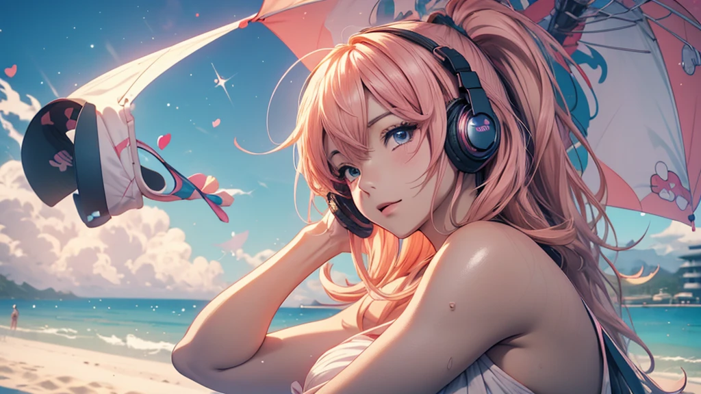 (best quality,4k,highres:1.2),ultra-detailed,realistic,beautiful girl,drinking,a can of pink and blue can with "BYSELF" on it,at home,relaxed,blushing,sparkling,leisurely,enjoying,a hint of intoxication,product photography,headset