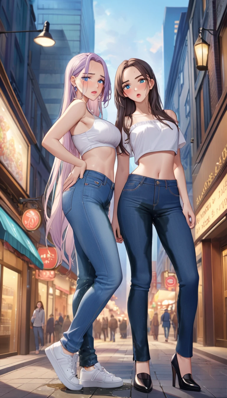 ((best quality, masterpiece:1.3, 8K)), (detailed), highly detailed face and skin texture, detailed eyes, downtown, full body, seductive pose, slender body, 2girls, 25 years old, white skin, bright lips, scared, worried, embarrassed, panicking, long hair, (forehead:1.0), jeans pants, flares jeans, blue jeans, peeing jeans, peeing pants, pee stain, (wetting herself:1.5, desperation:1.5),