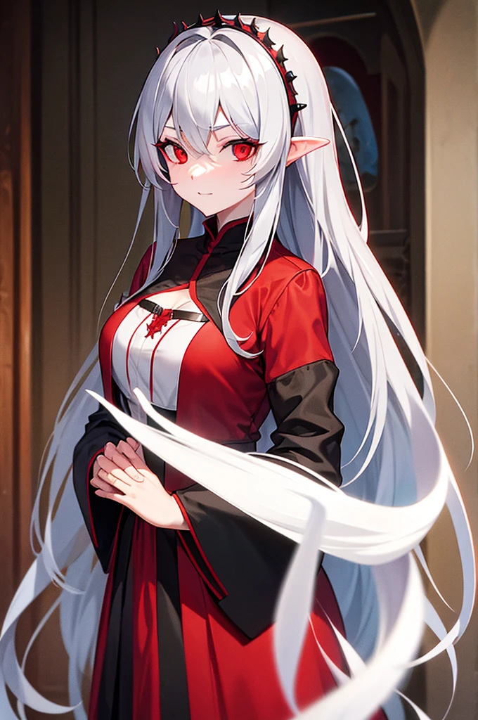 Make a girl, long white hair, fair skin with scars, red eyes with feline pupils, pointy ears like an elf, small and torn clothes, ribbon gloves on your hands, stuck in your teeth, and a white wolf tail. No wolf ears.