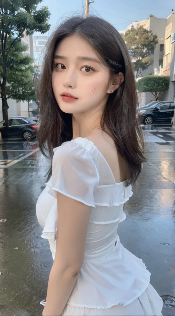 A young girl with a calm and peaceful expression, standing in a serene garden. Her eyes are gently covered with a black silk band, adding an element of mystery. She wears a flowing white dress, and the scene is filled with soft, ambient light filtering through the trees, creating a tranquil and dreamlike atmosphere