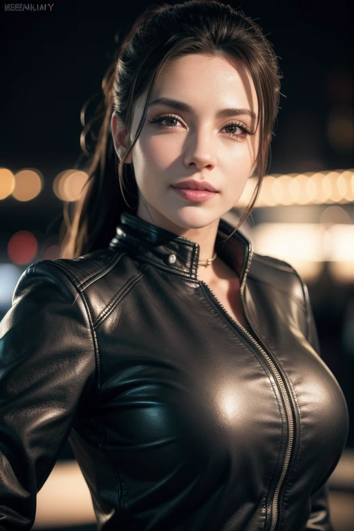 Full face portrait photo of a 25-year-old European girl, .RAW, gorgeous woman, halboffene, volle Erdbeerlippen, dimple, Longing look, green eyes, Large pupils, Big eyelashes, (kurzes, gewelltes braunes Haar), ((Detailliertes Gesicht)), ((detailed facial features)), (feine Haut), blasse Haut, (elegantes Kleid mit Detailliertem, deep neckline), Cyberpunk-Megacity-Umgebung, (Kalte Farben), nass, feucht, Reflexion, (Meisterwerk) (Perfekte Proportionen) (Realistische Fotos) (highest quality) (Detail) aufgenommen mit Canon EOS R5, 50-mm-Objektiv, f/2.8, HDR, (Tapete) (Filmbeleuchtung) (Dramatische Beleuchtung) (Scharfer Fokus) (Komplex), (nahaufnahme des gesichts), (Zopf, stilvoll sexy)