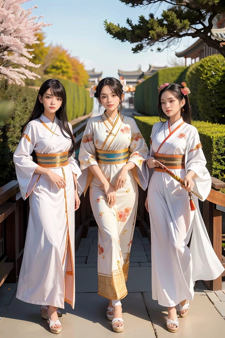 best quality, masterpiece, highres,3girls,Beautiful face,full body,chinese clothes,white Taoist robes,right hand hold sword with (Gorgeous ornamentation),peach trees,