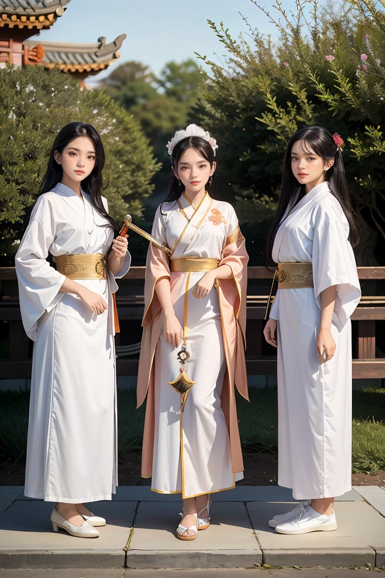 best quality, masterpiece, highres,3girls,Beautiful face,full body,chinese clothes,white Taoist robes,right hand hold sword with (Gorgeous ornamentation),peach trees,