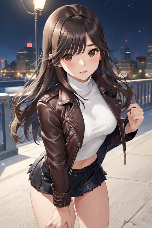 nsfw,
Gaoling loves flowers、Shiny brown hair, Wavy Long Hair、, Beautiful brown eyes、smile、Sparkling eyes, (Fine grain)、Ultra-detailed eyes、Very detailedな顔, Very detailedな目,

masterpiece,Highest quality,High resolution,Very detailed,masterpiece, Highest quality, High resolution, Medium chest、

((leather jacket、White turtleneck cropped knit、Very short mini skirt、Bare thighs、))、

((City of night))、((City of night))、((City of night))、