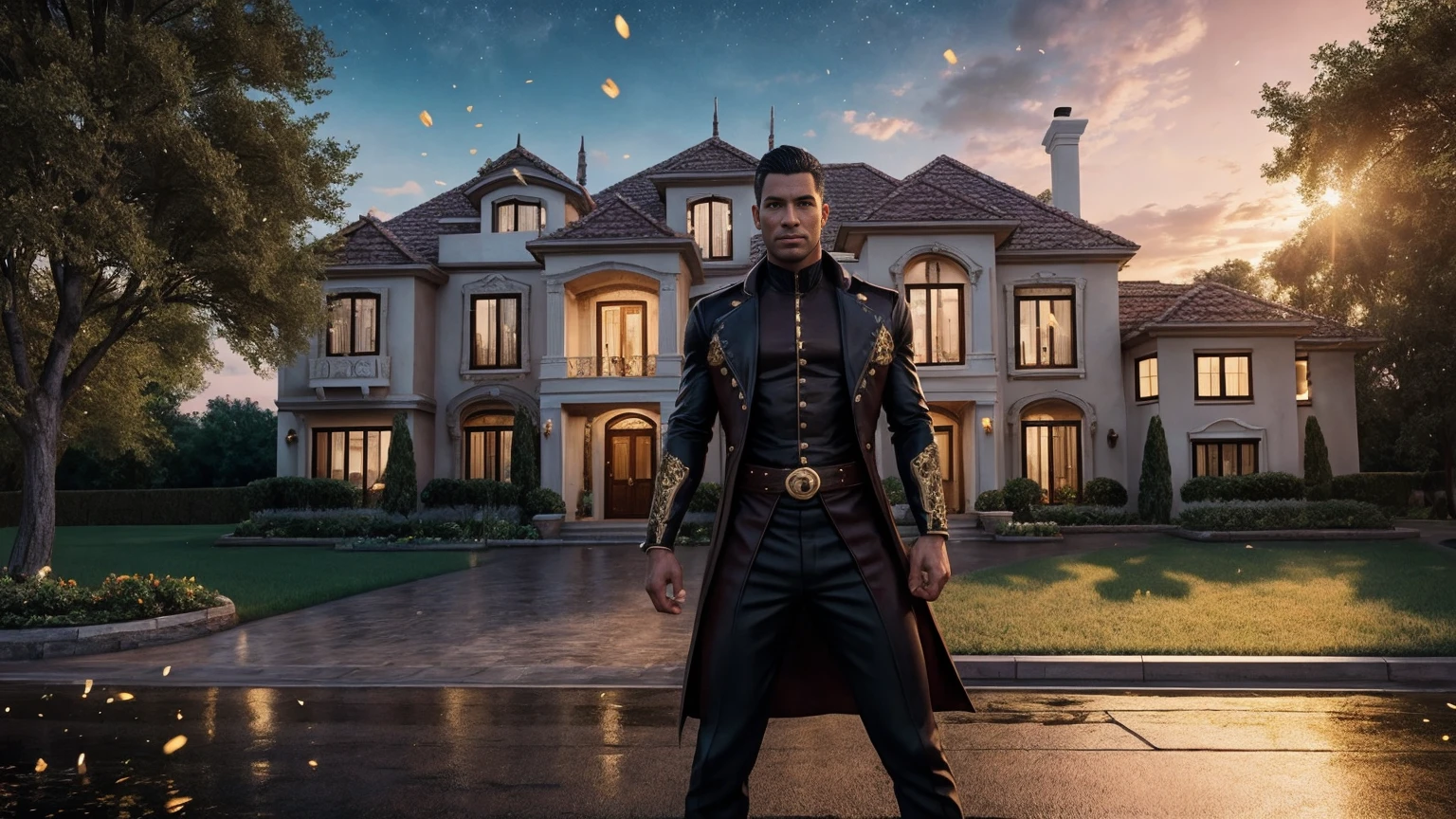 a man in front of a mansion full of gold coins falling from the sky, ultra detailed image, realism, 8k, hyper detailed skin, intense and vivid colors.
