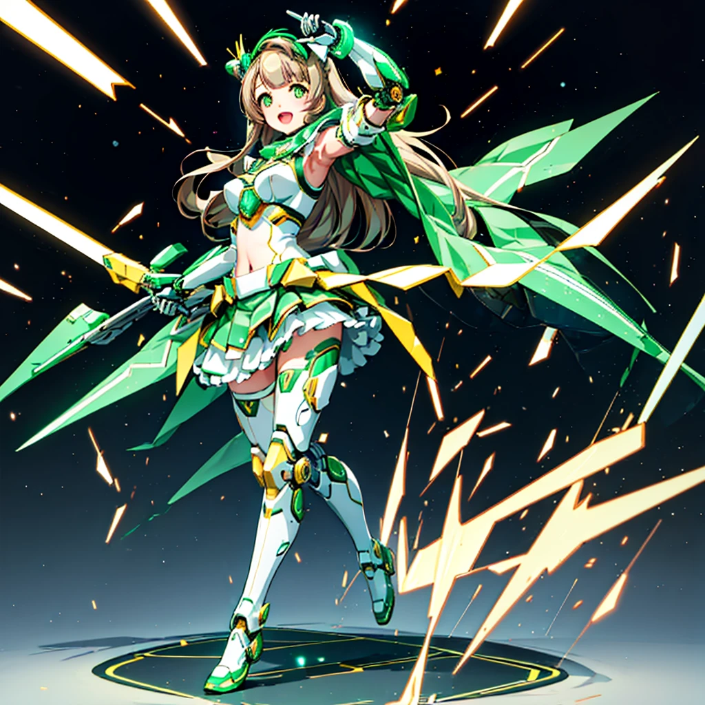 masterpiece, high quality, Gynoid Cyborg Body、The face is Minami Kotori、Minami Kotori, who has been remodeled into a girl-type mechanical body、Cyborg girl with exposed mechanical body、Single, frontal composition、Single image、from front, full body、Arms and legs wide open、Black Background