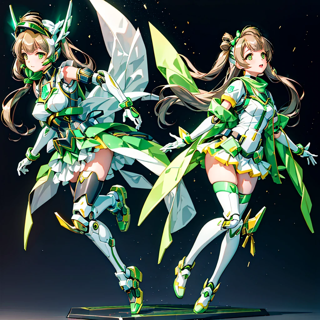 masterpiece, high quality, Gynoid Cyborg Body、The face is Minami Kotori、Minami Kotori, who has been remodeled into a girl-type mechanical body、Cyborg girl with exposed mechanical body、Single, frontal composition、Single image、from front, full body、Arms and legs wide open、Black Background