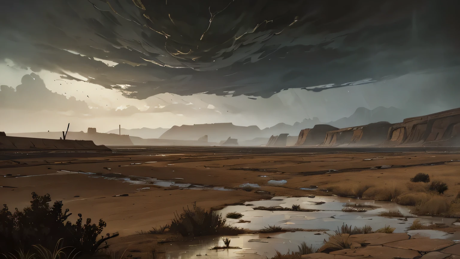 masterpiece, detailed, apocalyptic landscape, ground with some rocks, cloudy sky, many dark clouds, dark place, terror, free horizon, dark environment,