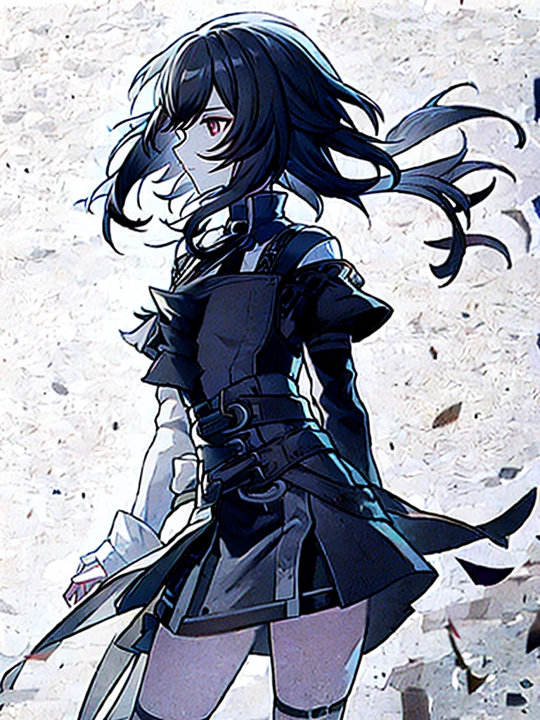 girl, dressed in white long sleeves, with a black vest and knee-length black skirt, slightly narrow, red eyes, detailed eyes, long black socks, school shoes, has cat ears, has short black hair like a boy, but has a lot of hair, the sides of her hair stick out, she is a calm girl, short hair like boy, long black dress