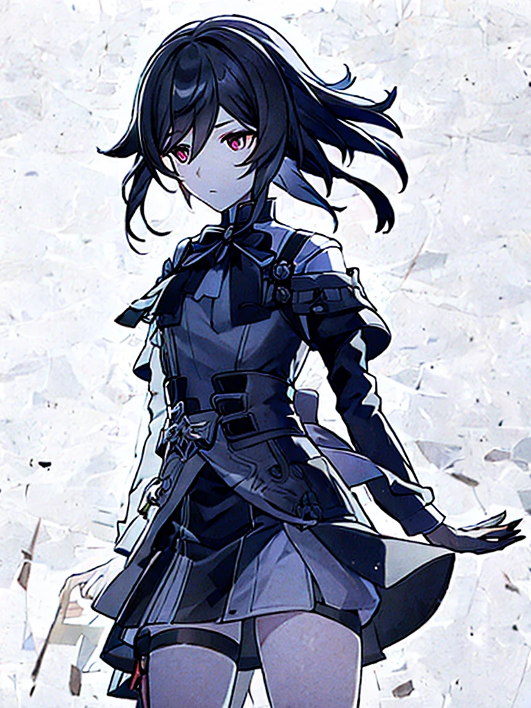 girl, dressed in white long sleeves, with a black vest and knee-length black skirt, slightly narrow, red eyes, detailed eyes, long black socks, school shoes, has cat ears, has short black hair like a boy, but has a lot of hair, the sides of her hair stick out, she is a calm girl, short hair like boy, long black dress