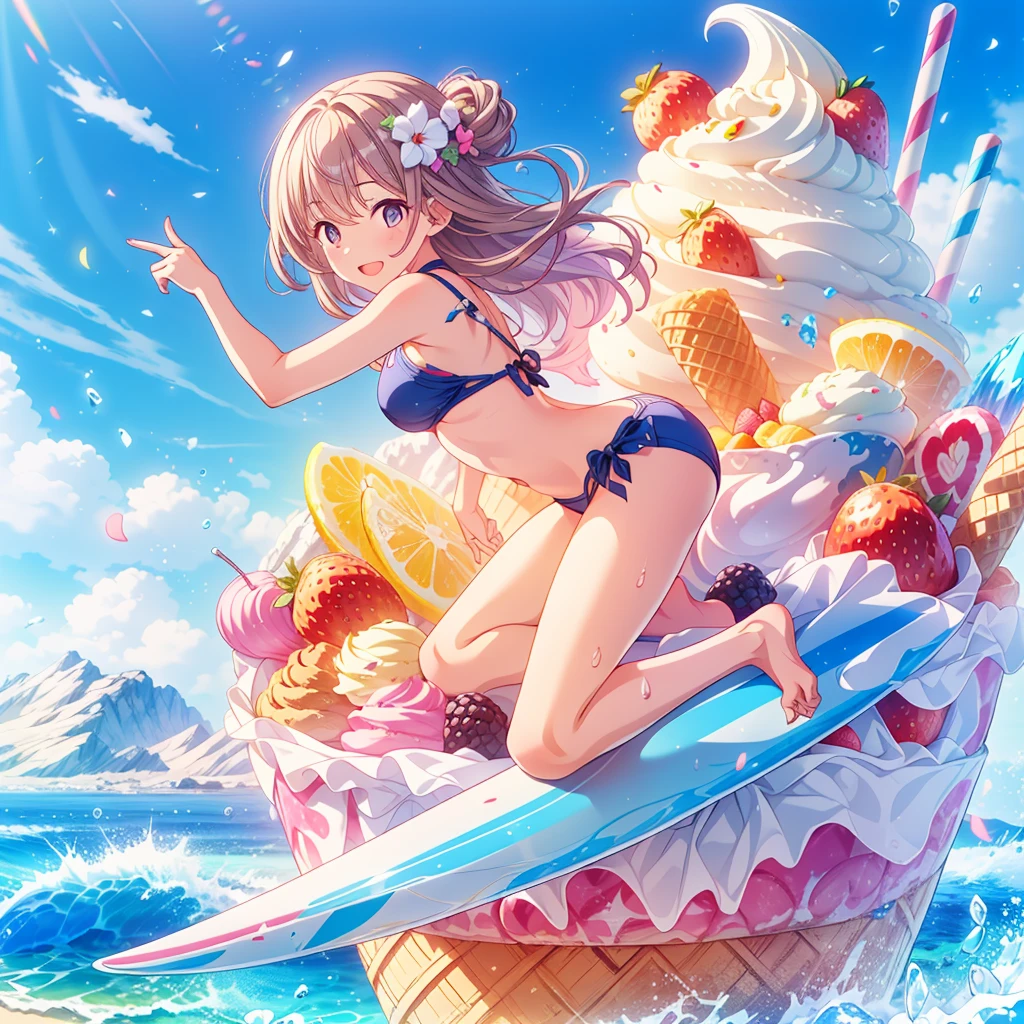 masterpiece, best quality, high resolution, extremely detailed CG, absurdres, highres, 1girl, solo, a girl in swimsuit surfing with a surfboard on top of ice-cream, soft cream,fruits, summer,happy,Ice_Cream_Soft_Serve