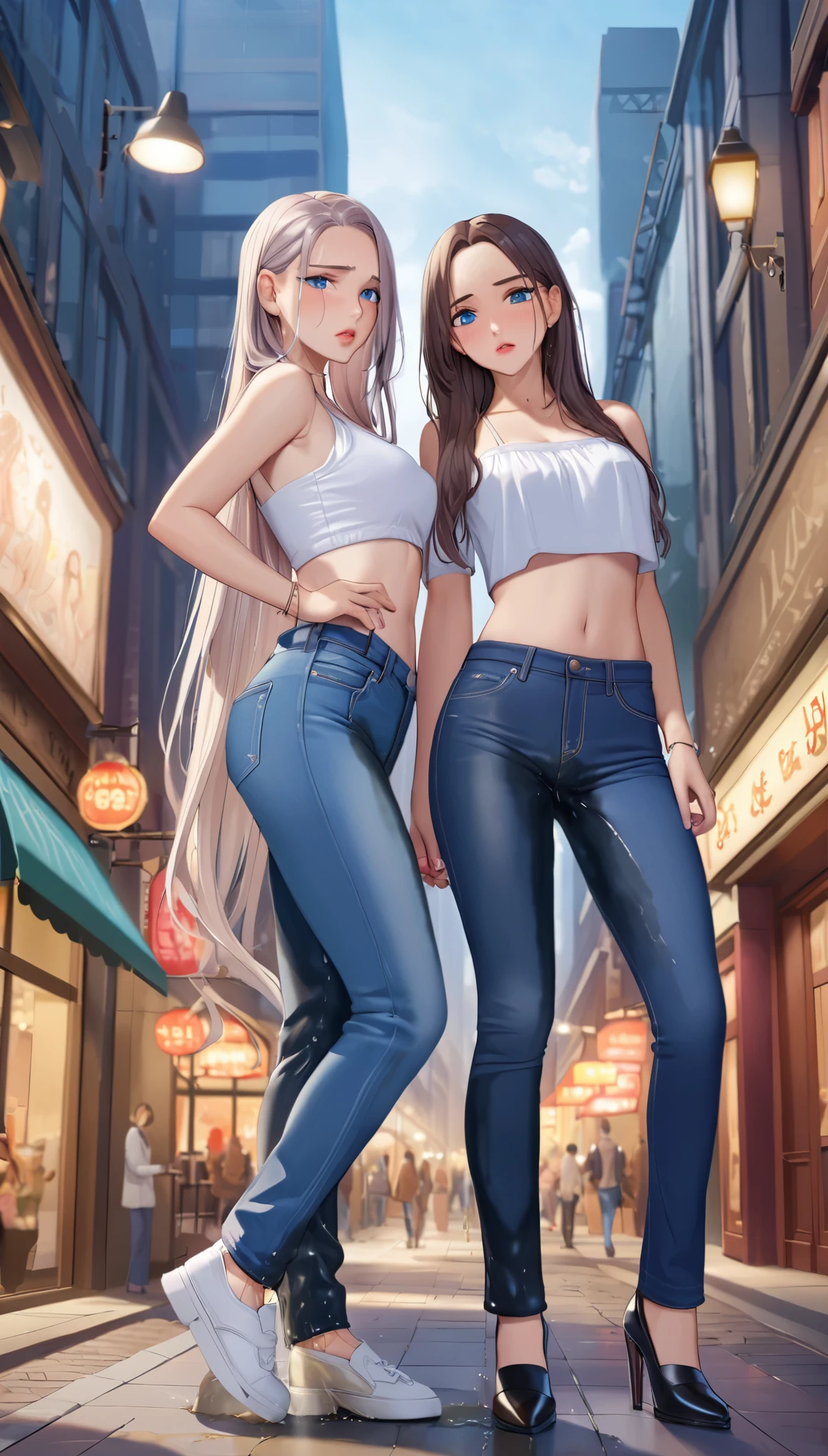 ((best quality, masterpiece:1.3, 8K)), (detailed), highly detailed face and skin texture, detailed eyes, downtown, full body, seductive pose, slender body, 2girls, 25 years old, white skin, bright lips, scared, worried, embarrassed, panicking, long hair, (forehead:1.0), jeans pants, flares jeans, blue jeans, peeing jeans, peeing pants, pee stain, (wetting herself:1.5, desperation:1.5),