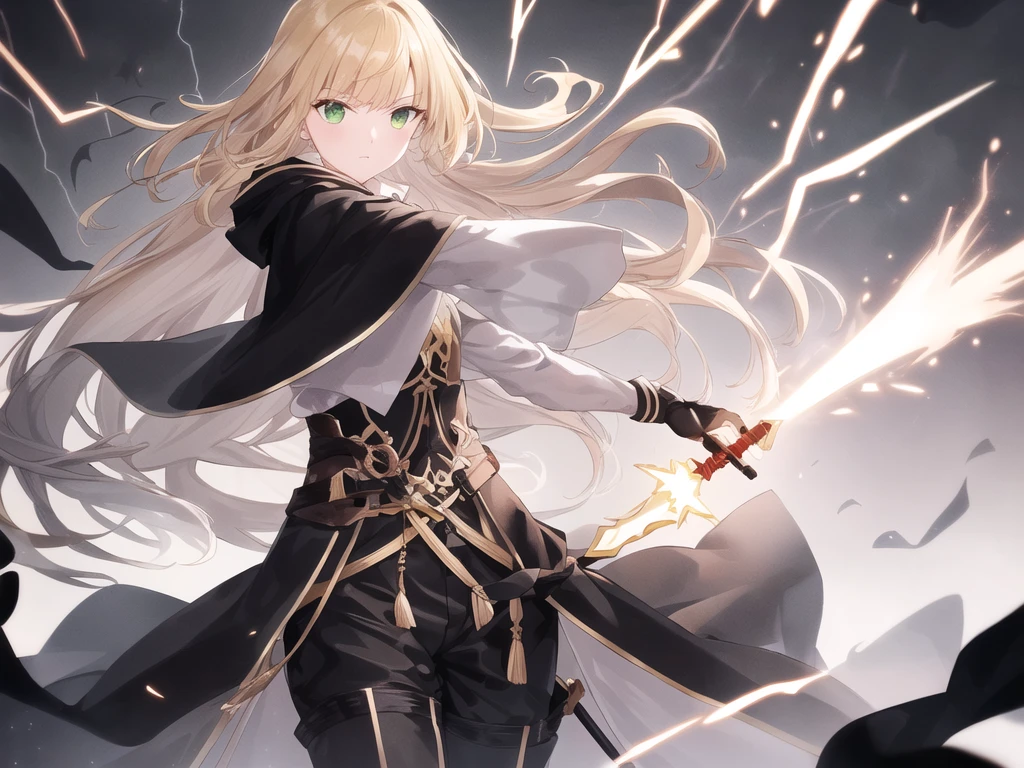 masterpiece, top quality, 1 man, long blonde hair, light sword, lancelot, badass, fine eye detail, intricate detail, (style-pixiv:0,8), portrait, (spread of blood :0,7 ), solo, full body shot, background detail, (the wind blows with light thread: 1.1) dynamic elegant pose, sword man, pentagram, brithis knight suit, medieval, abyss of darkness in the background