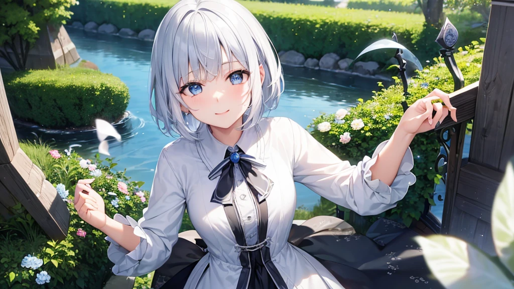 Ultra HD,Look at the viewers, Put your hands behind your back, With a girl, 20-year-old, 非常にShort Hair, Long bangs between the eyes, Pale blue eyes, Very detailed,(masterpiece、Highest quality),Gray Hair、Laughter、Fantastic, Silver Hair, Iris, Short hair、 Fluttering Hair、Small Face、明るいsmile、(Detailed face) ,Professional Lighting,Wonderful landscape,blue sky, sunlight,Looking down from above,Portraiture、Open your mouth、Flower Field、Her eyes were shining、Mysterious and enchanting atmosphere。With AI Painting、とてもShort Hair, Long bangs between the eyes, Very detailed,(masterpiece、Highest quality)、alone、Gray Hair、Fantasy, Silver Hair, Fantasyな風景、White shirt、smile、Open your mouth、short hair、Short Hair、hairpin、black eye、Grey Eyes、Beautiful Eyes、