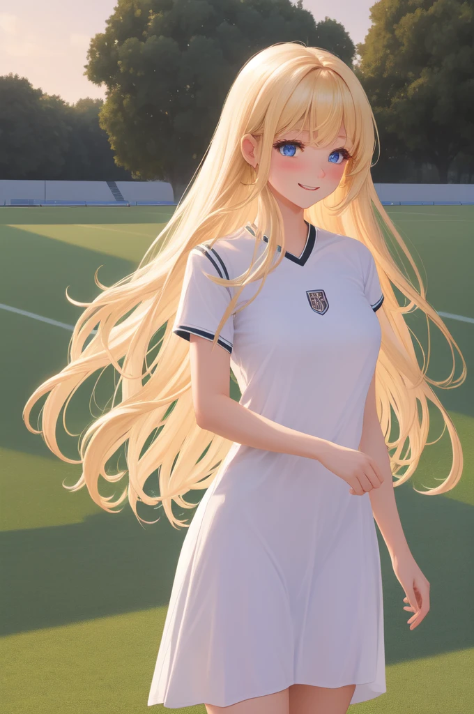 {{{masterpiece}}}, {very detailed CG}, amazing, in detail, alone, {{soccer stadium}}, sky, {{wind}}, detailed background, beautiful, transparent, Football Jerseys, bright eyes, {{whole body}}, dynamic pose, dynamic angle, split, looking at the viewer, Detailed clothes, beautiful 노을, enlargement, best quality, blonde long hair woman, {{beautiful}}, pretty, {laughing}