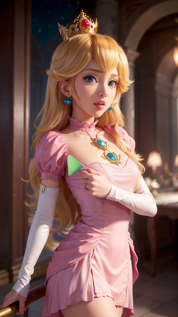 Absurd, One girl,Mid-chest, Star Eye, (Princess Peach), blush, (Realistic:1.5), (blue eyes:0.8), (masterpiece, Extremely detailed CG unity 8k wallpaper, Highest quality, High resolution:1.2), (Ultra_detailed, 超High resolution:1.2), (Pixiv:1.3), Perfect lighting, clear, (One girl:1.4), (beautiful girl:1.2), View your viewers, Unreal Engine, Side Lighting, Perfect Face, detailed face, bangs, Perfect body, Beautiful Eyes, Pretty face, (Light Skin:1.4), Idol, Urzan-6500-v1.1, city, 