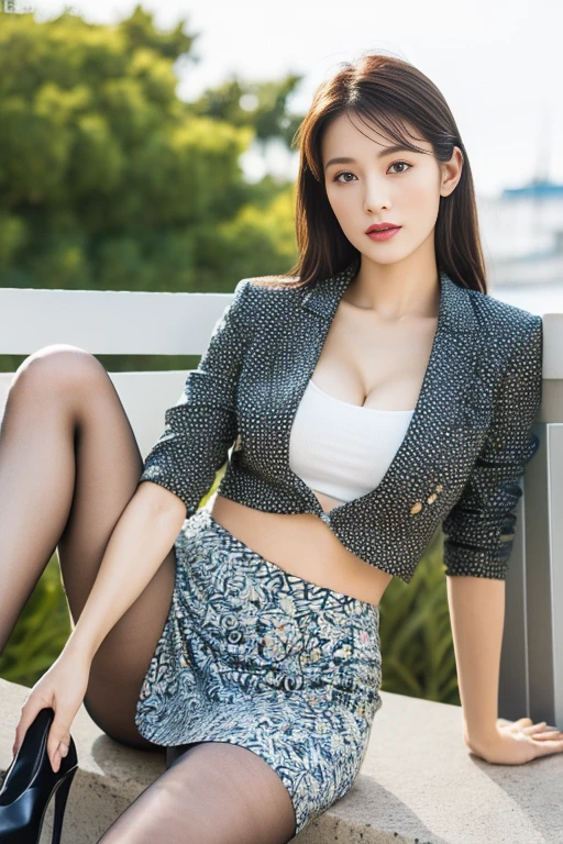 (8K, RAW Photos, highest quality, masterpiece、Raw photo)、Portrait, Ultra-high resolution度の生のカラー写真, Professional photos、Ultra-high resolution, 8K Image Wallpaper,(Realistic, Real photo),(1 person)、Very detailed, very Detailed and beautiful, Very detailed, Amazing details、Beautiful woman with perfect body、Full body image, Glowing Skin、Glossy lips、Highly detailed face and skin texture、Detailed Eyes、double eyelid、(dun、long hair、Curly Hair), (Cleavage)、(Happy expression)、(Business shirts)、((colorful Floral Skirt))、((silk pantyhose、High heels))、((Sitting pose)), (((Night in the background、Starry Sky、Big full moon)))、((Focus on women))