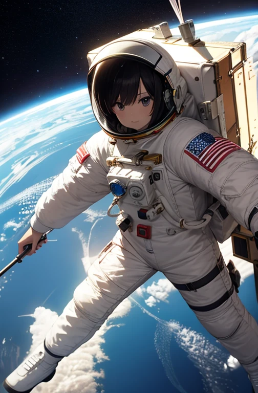 absurd res, high res, (masterpiece:1.4), ultra-detailed, 1girl, from above, space, floating, astronaut, gloves, helmet, space suit