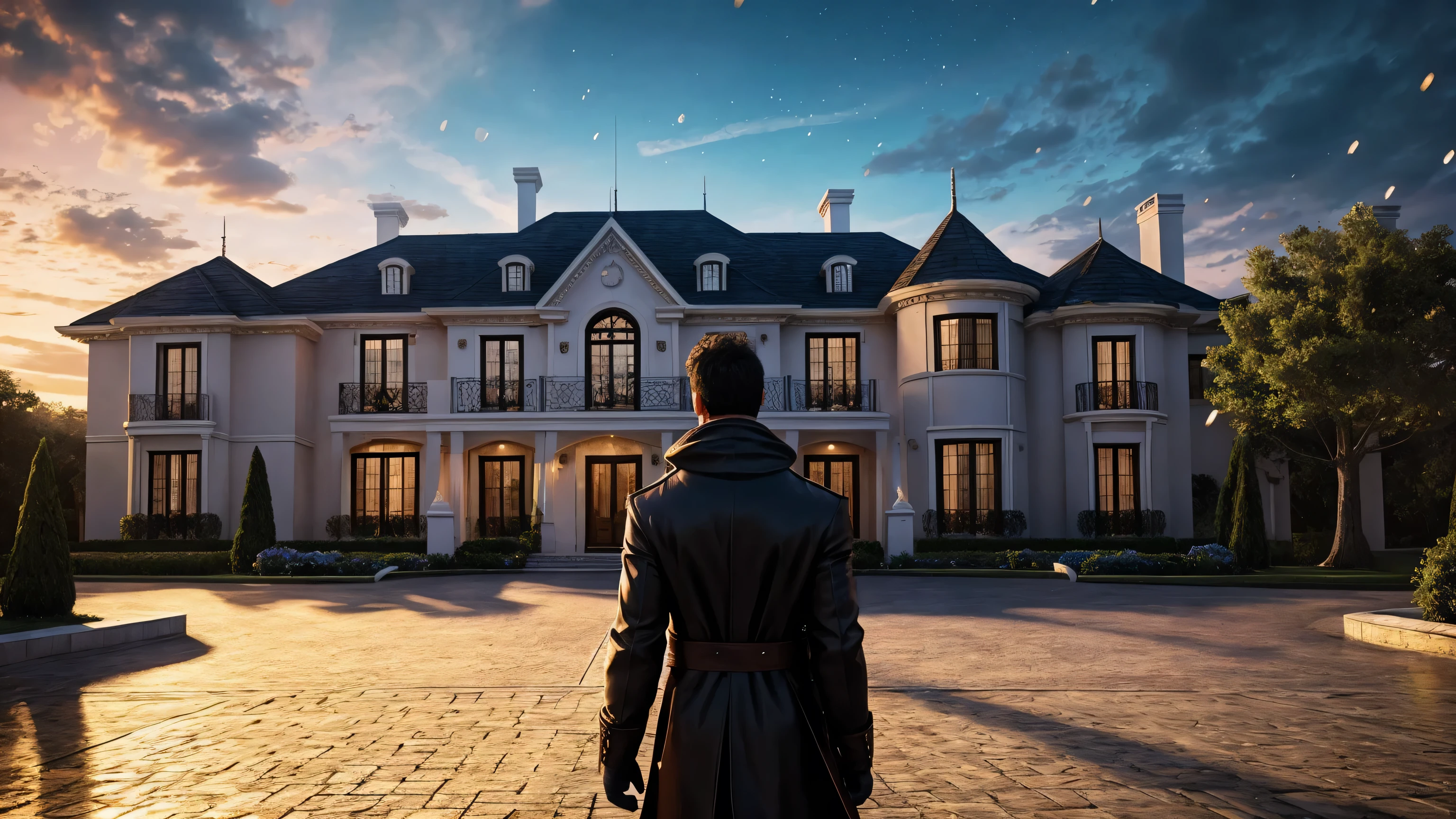 a man in front of a mansion full of gold coins falling from the sky, ultra detailed image, realism, 8k, hyper detailed skin, intense and vivid colors.