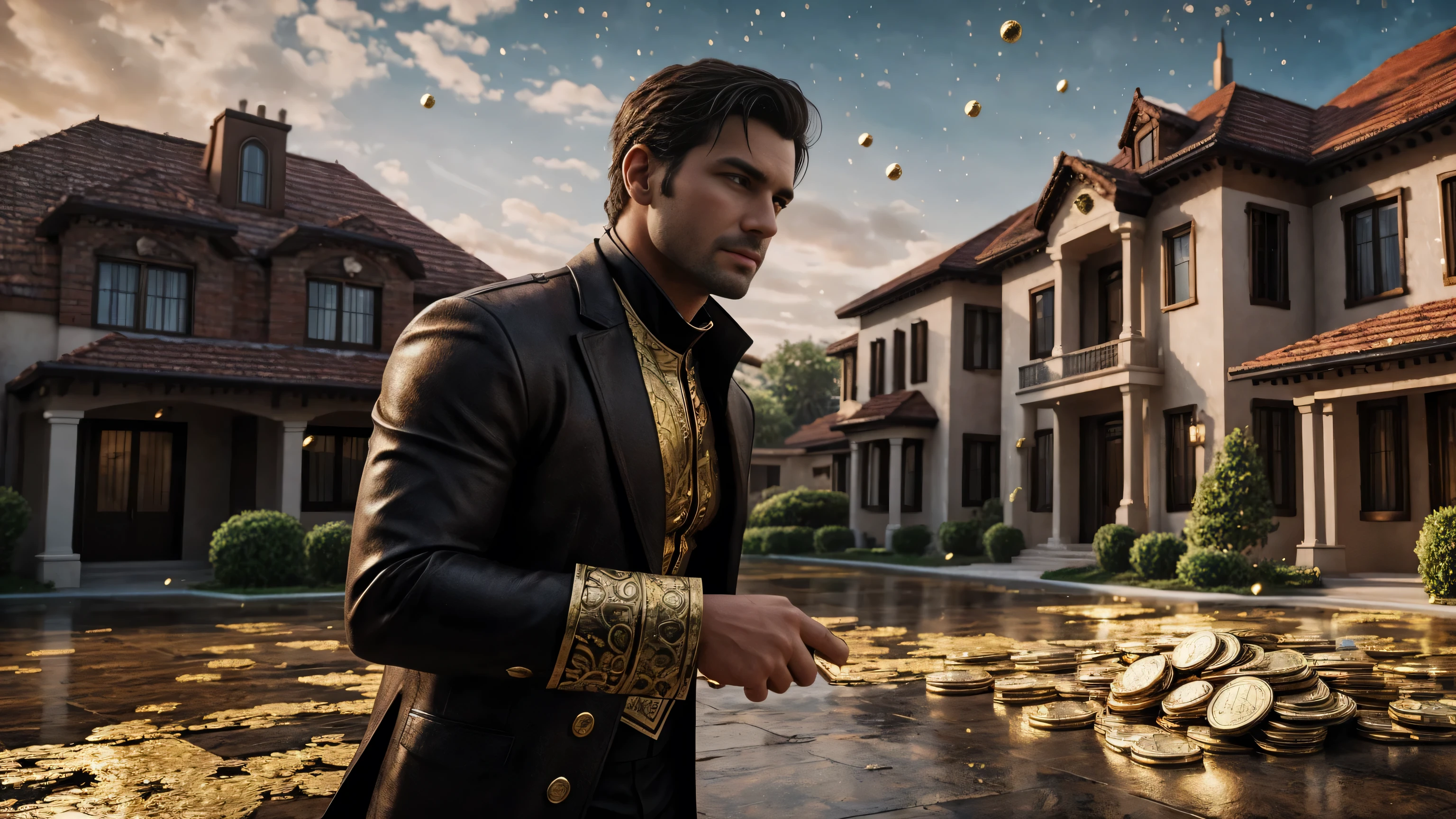 a man in front of a mansion full of gold coins falling from the sky, ultra detailed image, realism, 8k, hyper detailed skin, intense and vivid colors.
