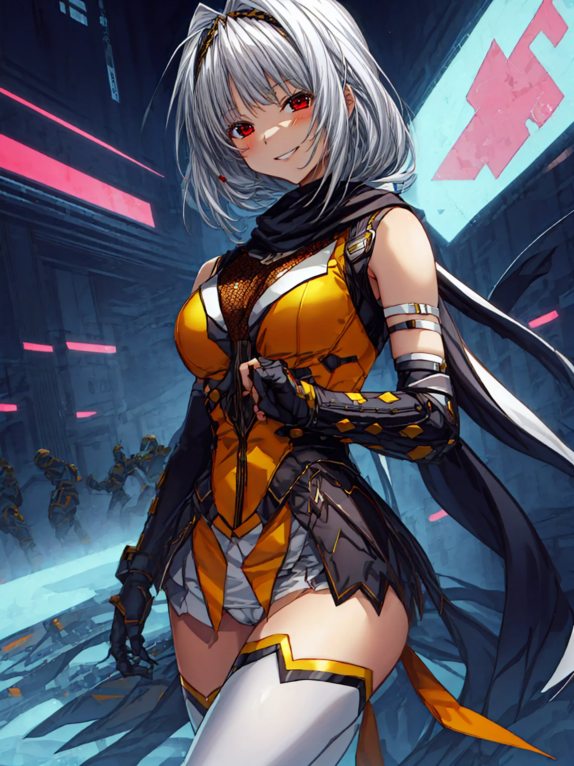 12k,masterpiece, Highest quality, Anime Style,Official Art Beautiful Lighting, 1 Girl, bangs, (Inside a futuristic base:1.4),  , masterpiece,Noise Reduction,perfect anatomy,high resolution, ultra-detailed,game cg,dutch angle ,beautiful detailed eyes,visualart,five fingers, perfect hands, perfect lighting,(cameltoe:1.3),red eyes,(Silver Hair:1.2),evil smile,takamori haruka, 1girl,ninja,neckerchief,empty eyes:1.6),microskirt,fingerless gloves, white skirt, white legwear, yellow dress,fishnets,(bust shot:1.4)