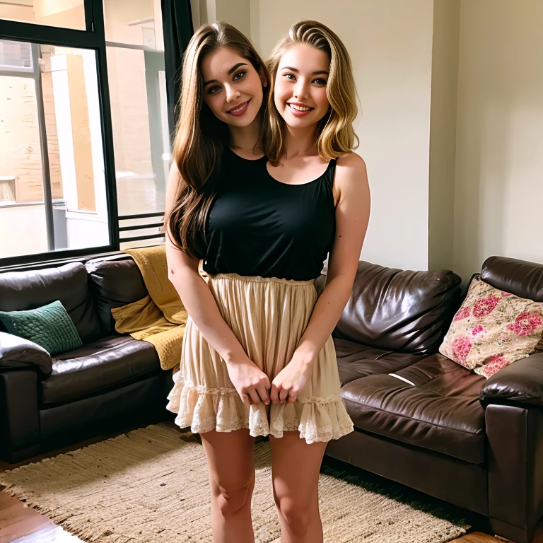 best resolution, 2 heads, woman with two heads, conjoined, holding phone taking a photo, different heads, blonde, short hair, long hair, eyeliner, 25 years old, sundress, flirting, standing at home waiting for you,