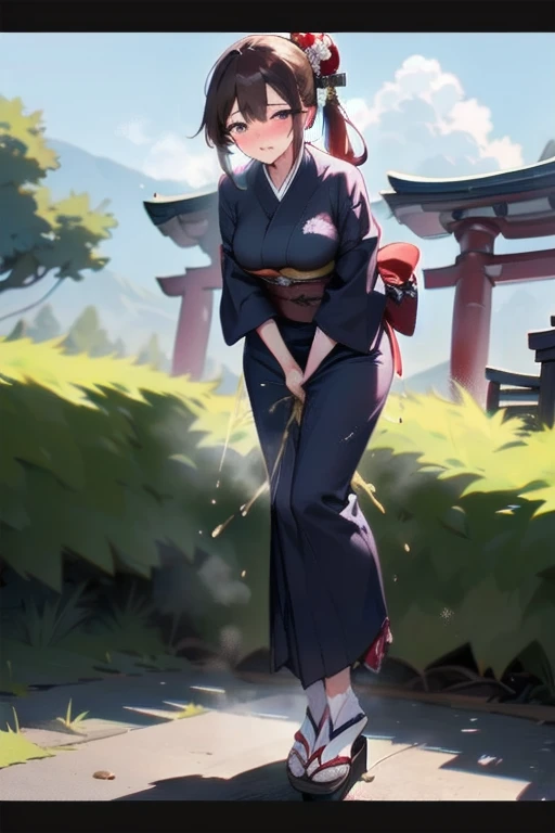 nsfw, (masterpiece, top quality, best quality, highly detailed:1.6), extremely detailed CG unity 8k wallpaper, (1 woman standing on the shrine, outdoor, kimono:1.5), Maxi Length, strong facial expression, (sharp eye:1.2), (scowl:1.1), (embarrassed,blush:1.3), (steam:1.5), (wet:1.1), (sweat:1.1), (trembling:1.3), (parted lips:1.4), (harf open eyes:1.5), (feeling weak:1.5), (shoot from front, looking at viewer:1.2), (leaning forward,close knees, hands between legs, pee running down legs:1.7), (((clutching crotch))), Sandals, (long hair, Brown hair, low ponytail:1.4), (woman trembling with sexual climax:1.5), colorful, full body, wide shot, perfect composition, (Crossing legs, Touching the crotch:1.7), urination, incontinence, piss, peeing self, A lot of pee, pee running down legs, (((pee stream))), (pee puddle), wetting herself, peeing, blush, trembling, embarrassed, large breasts, Yellow pee, ((leaking pee)), Shaking one's shoulders, Breaking a sweat on forehead, puddle of pee, Pee at your feet, Pee spread on the floor, (Pee stains), Feet wet from pee, Pee-covered feet, Pee at your feet, want to pee, about to pee, Full bladder, Pee-soaked kimono, Pee-soaked ankle socks, Pee-soaked sandasls, natural makeup,