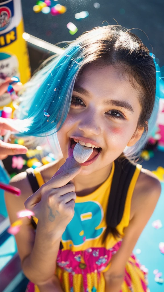 original photo, sparkle make-up, realistic wet cute british girl holding a vanila ice cream cone, sticking her tongue out, 1 girl, sundress, (colorful hair:1.4), (hair covering face:1.3), cinematic lighting, sunlight exposure and dynamic shadow, (confetti explossion:1.5), realistic face and eyes, realistic skin, she is enjoy it, angle shot from above, (lens blur:1.2), sharp focus and highly detailed, outdoors, shot by zenit analog camera with macro lens f1.4, midjourney v6 photorealistic