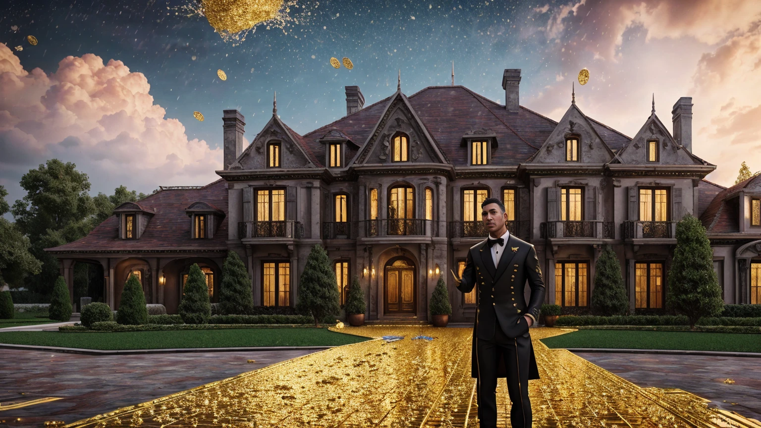 a man in front of a mansion full of gold coins falling from the sky, ultra detailed image, realism, 8k, hyper detailed skin, intense and vivid colors.
