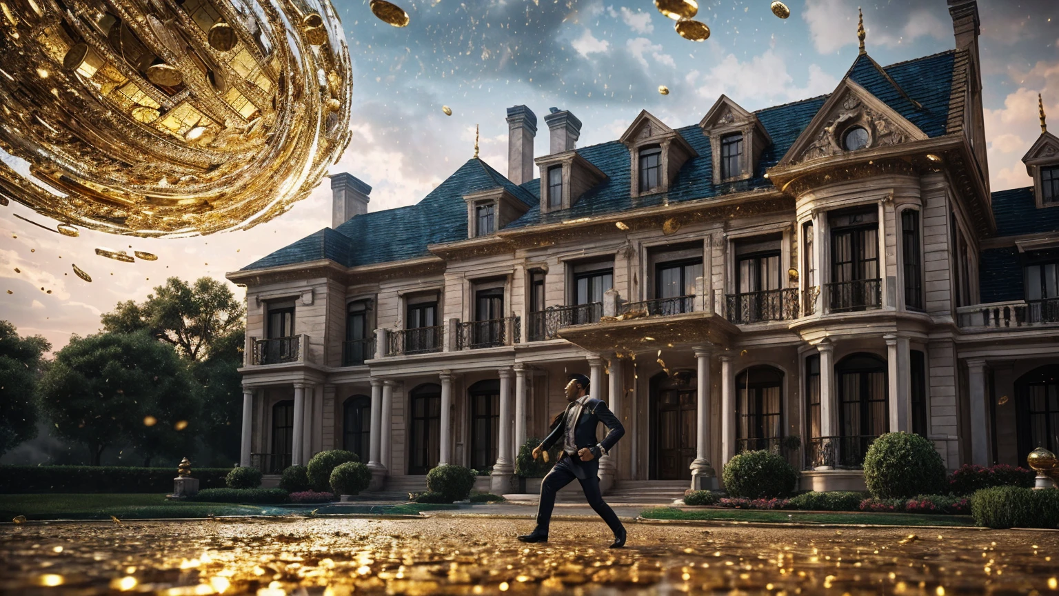 a man in front of a mansion full of gold coins falling from the sky, ultra detailed image, realism, 8k, hyper detailed skin, intense and vivid colors.
