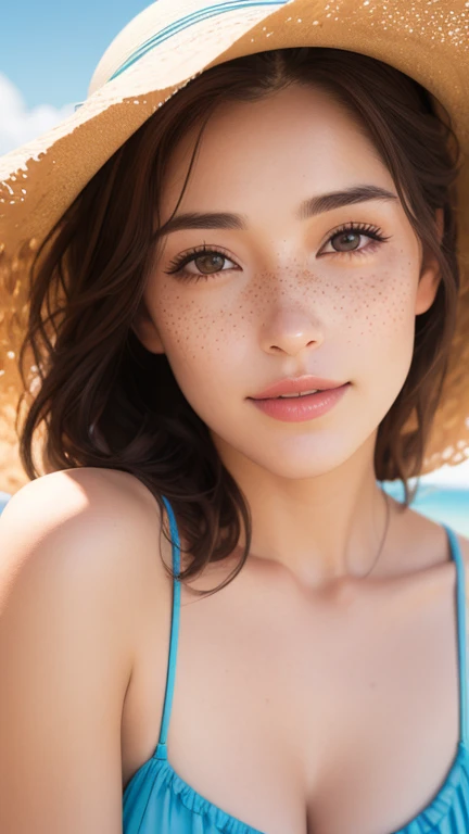 Portrait of a beautiful woman in a hat, summer outfit, with freckles on her face, in a close up shot, with sunlight, outdoors, in soft light, with a beach background, looking at the camera, with high resolution photography, in the style of Nikon D850, Nikor lens 85 mm/nano