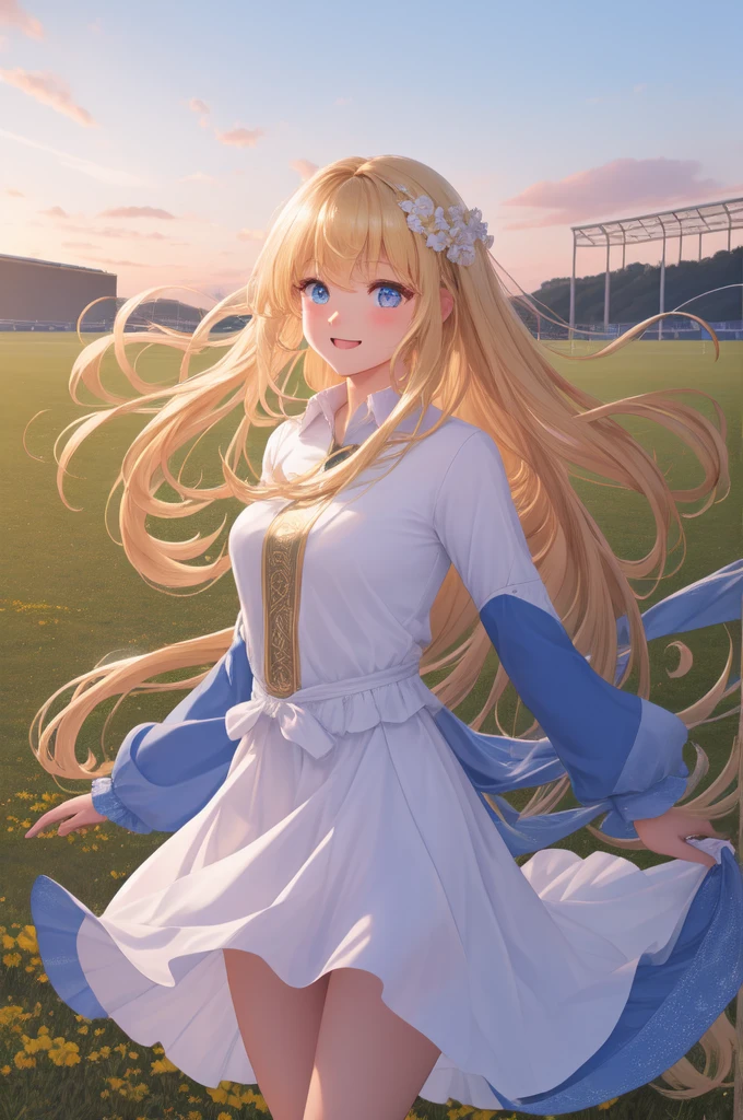 {{{masterpiece}}}, {very detailed CG}, amazing, in detail, alone, {{soccer stadium}}, sky, {{wind}}, detailed background, beautiful, transparent, {{{Football Jerseys}}}, bright eyes, {{whole body}}, dynamic pose, dynamic angle, split, looking at the viewer, Detailed clothes, beautiful 노을, enlargement, best quality, blonde long hair woman, {{beautiful}}, pretty, {laughing}