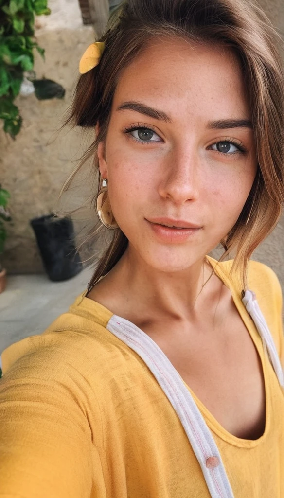 create me photos of a simple, beautiful young woman who takes selfies with her phone. in summer outfit with maximum realism and high image quality. Most sexy