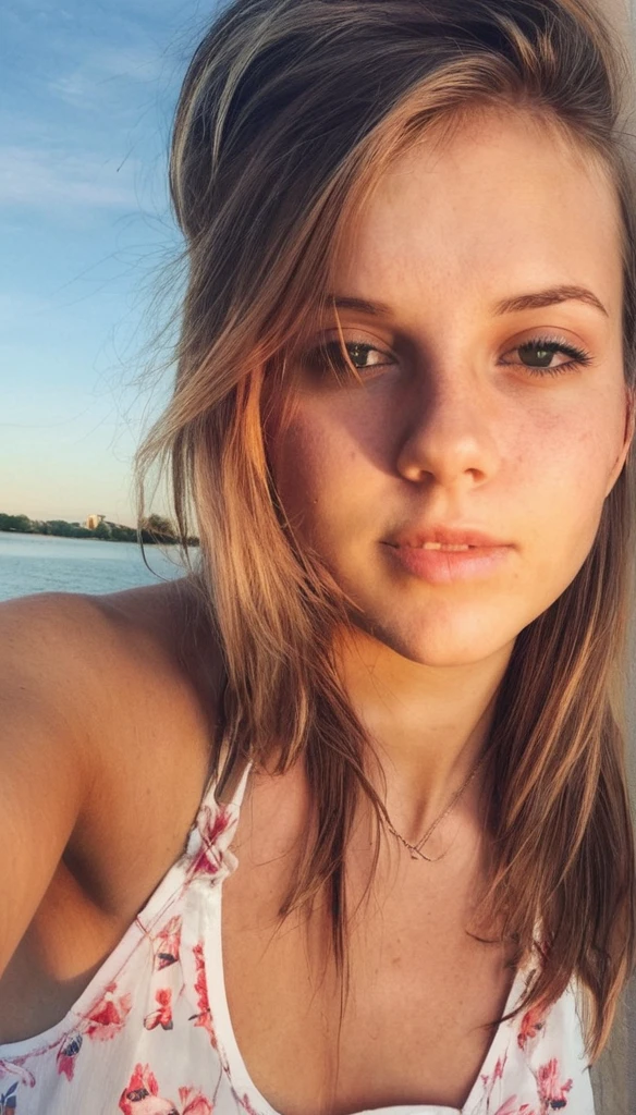 create me photos of a simple, beautiful young woman who takes selfies with her phone. in summer outfit with maximum realism and high image quality. Most sexy