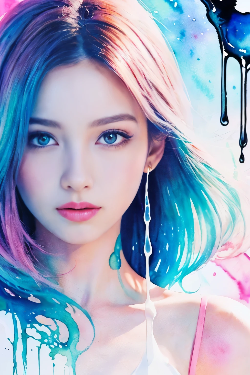 ((masterpiece:1.4, Highest quality)), (Photorealism), (watercolor background), ((1 Girl)), (Bright design), (Space and galaxy pastel colors), (Ink splashes and drips:1.5), (looking at viewer)