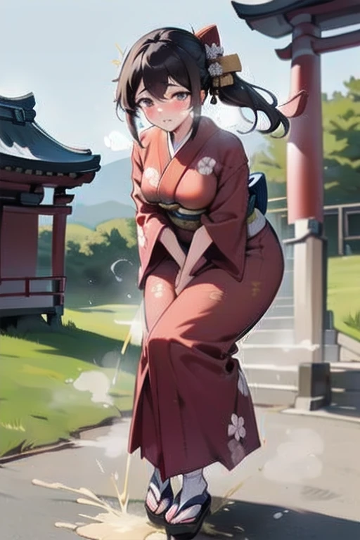 nsfw, (masterpiece, top quality, best quality, highly detailed:1.6), extremely detailed CG unity 8k wallpaper, (1 woman standing on the shrine, outdoor, kimono:1.5), Maxi Length, strong facial expression, (sharp eye:1.2), (scowl:1.1), (embarrassed,blush:1.3), (steam:1.5), (wet:1.1), (sweat:1.1), (trembling:1.3), (parted lips:1.4), (harf open eyes:1.5), (feeling weak:1.5), (shoot from front, looking at viewer:1.2), (leaning forward,close knees, hands between legs, pee running down legs:1.7), (((clutching crotch))), Sandals, (long hair, Brown hair, low ponytail:1.4), (woman trembling with sexual climax:1.5), colorful, full body, wide shot, perfect composition, (Crossing legs, Touching the crotch:1.7), urination, incontinence, piss, peeing self, A lot of pee, pee running down legs, (((pee stream))), (pee puddle), wetting herself, peeing, blush, trembling, embarrassed, large breasts, Yellow pee, ((leaking pee)), Shaking one's shoulders, Breaking a sweat on forehead, puddle of pee, Pee at your feet, Pee spread on the floor, (Pee stains), Feet wet from pee, Pee-covered feet, Pee at your feet, want to pee, about to pee, Full bladder, Pee-soaked kimono, Pee-soaked ankle socks, Pee-soaked sandasls, natural makeup,