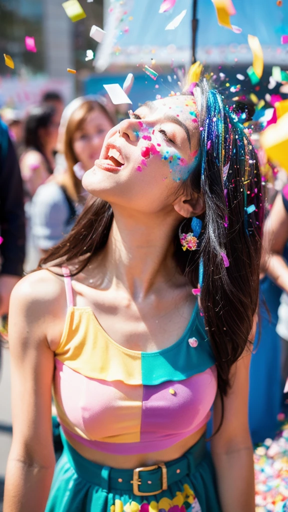 original photo, sparkle make-up, realistic wet cute british girl holding a vanila ice cream cone, sticking her tongue out, 1 girl, sundress, (colorful hair:1.4), (hair covering face:1.3), cinematic lighting, sunlight exposure and dynamic shadow, (confetti explossion:1.5), realistic face and eyes, realistic skin, she is enjoy it, angle shot from above, (lens blur:1.2), sharp focus and highly detailed, outdoors, shot by zenit analog camera with macro lens f1.4, midjourney v6 photorealistic