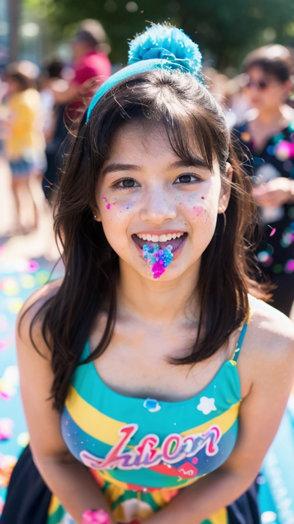 original photo, sparkle make-up, realistic wet cute british girl holding a vanila ice cream cone, sticking her tongue out, 1 girl, sundress, (colorful hair:1.4), (hair covering face:1.3), cinematic lighting, sunlight exposure and dynamic shadow, (confetti explossion:1.5), realistic face and eyes, realistic skin, she is enjoy it, angle shot from above, (lens blur:1.2), sharp focus and highly detailed, outdoors, shot by zenit analog camera with macro lens f1.4, midjourney v6 photorealistic