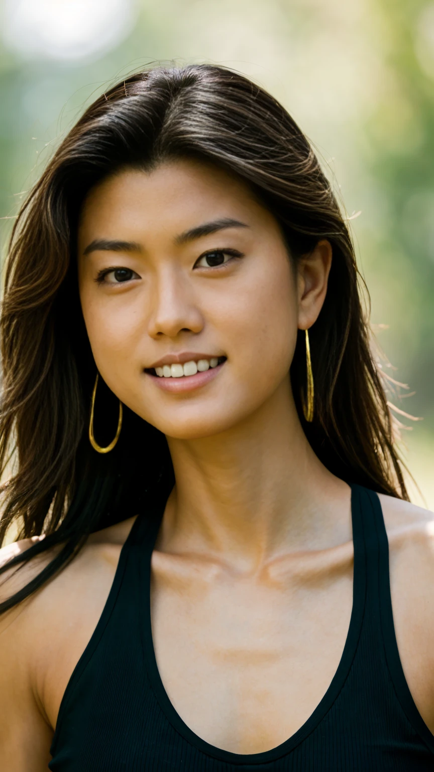 A stunning intricate color close up portrait of (sks woman:1) , Grace Park, wearing black tank top, epic character composition, sharp focus, natural lighting, subsurface scattering, f2, 35mm, film grain, , by Dominique Issermann, beautiful smile, smiling, long wavy hair, beautiful woman