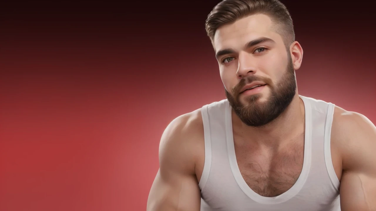 Create an image in high definition 8k realistic GTA6 effect of a 21-year-old man with slanted brown eyes, bald head, red beard and white tank top with very loose Cyclone shorts in light blue, Predominant colors are light blue, white and black