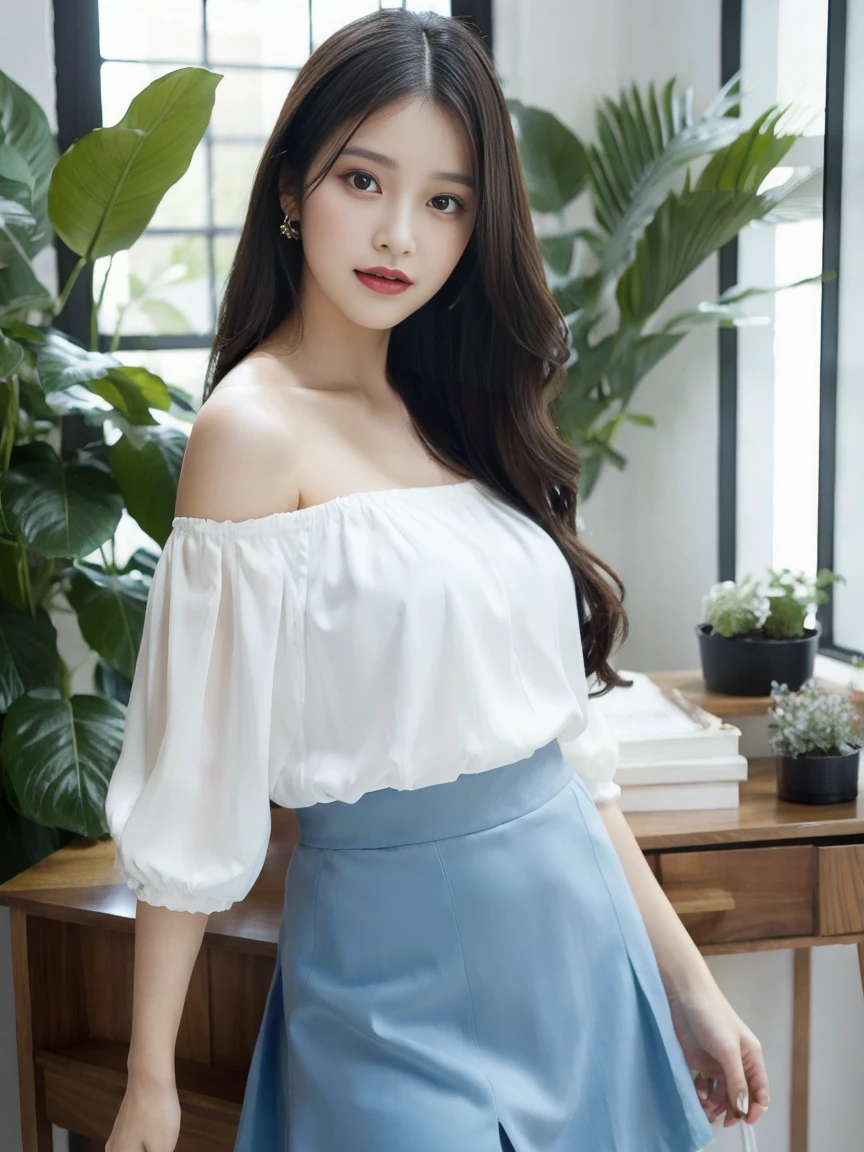 Detailed Background, masterpiece, Highest quality, 1 person , Curly Hair, Long Hair, Purple eyes , Strapless blouse, Long skirt