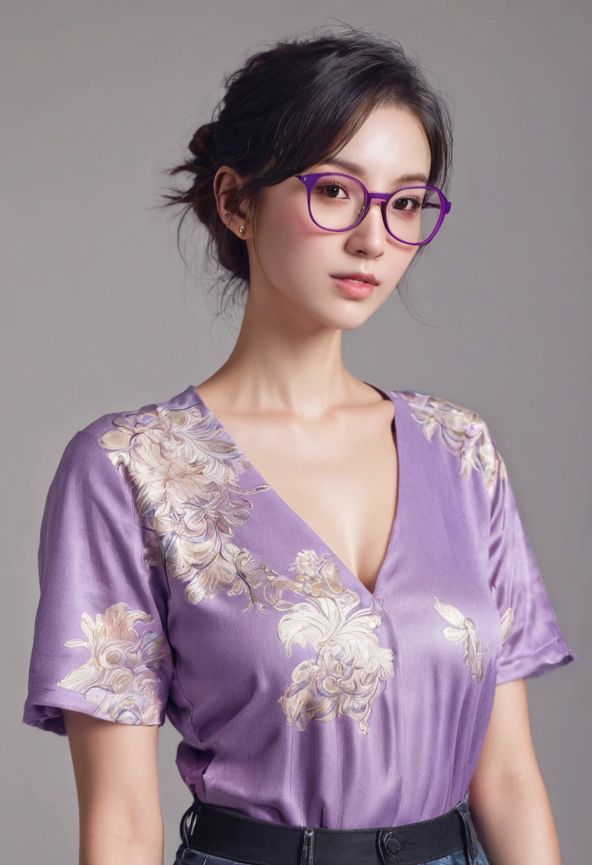 one, sweet young woman, short coper hair, whole head, toned skin, beautiful fine face, big earrings, purple glasses, light purple blouse jeans, full body ultra hd, realistic, vivid colors, highly detailed, UHD drawing, pen and ink, perfect composition, beautiful detailed intricately insanely detailed octane render trending on artstation, 8k artistic photography, soft natural volumetric cinematic perfect light. art by Cecily Mary Barker, Charlie Bowater, greg rutkowski, Watercolor, trending on artstation, sharp focus, studio photo, intricate details, highly detailed, by greg rutkowski