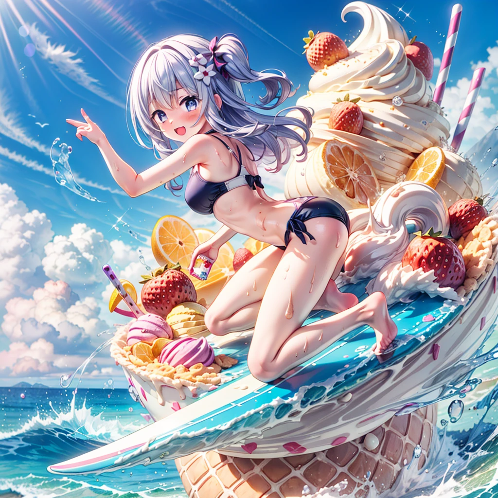 masterpiece, best quality, high resolution, extremely detailed CG, absurdres, highres, 1girl, solo, a girl in swimsuit surfing with a surfboard on top of ice-cream, soft cream,fruits, summer,happy,Ice_Cream_Soft_Serve