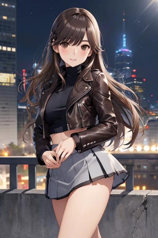 nsfw,
Gaoling loves flowers、Shiny brown hair, Wavy Long Hair、, Beautiful brown eyes、smile、Sparkling eyes, (Fine grain)、Ultra-detailed eyes、Very detailedな顔, Very detailedな目,

masterpiece,Highest quality,High resolution,Very detailed,masterpiece, Highest quality, High resolution, Medium chest、

((leather jacket、BREAK White turtleneck crop knit、Very short mini skirt、Bare thighs、))、

((City of night))、((City of night))、((City of night))、